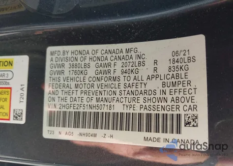 2022 Honda Civic Sport z USA, uszkodzony, nr VIN 2HGFE2F51NH507181